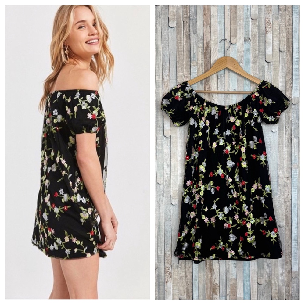 Urban Outfitters Black Floral Off-Shoulder Mini Dress